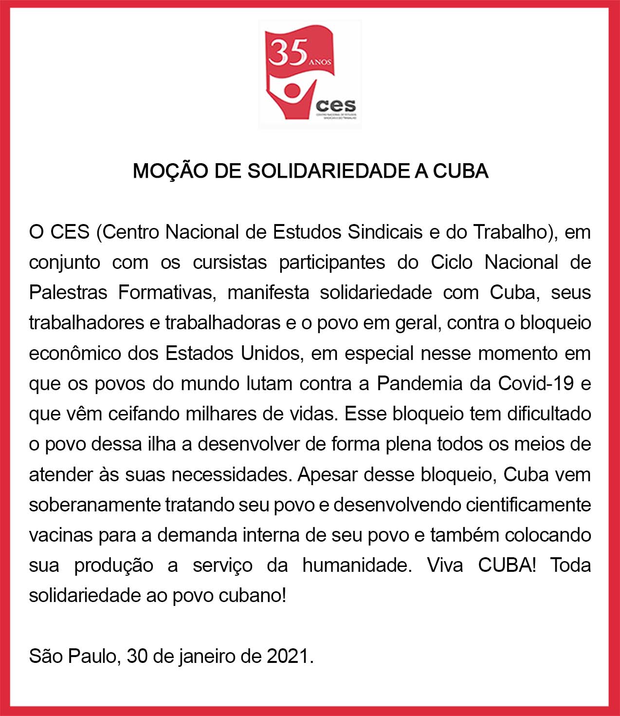 mocão de solidariedade Cuba
